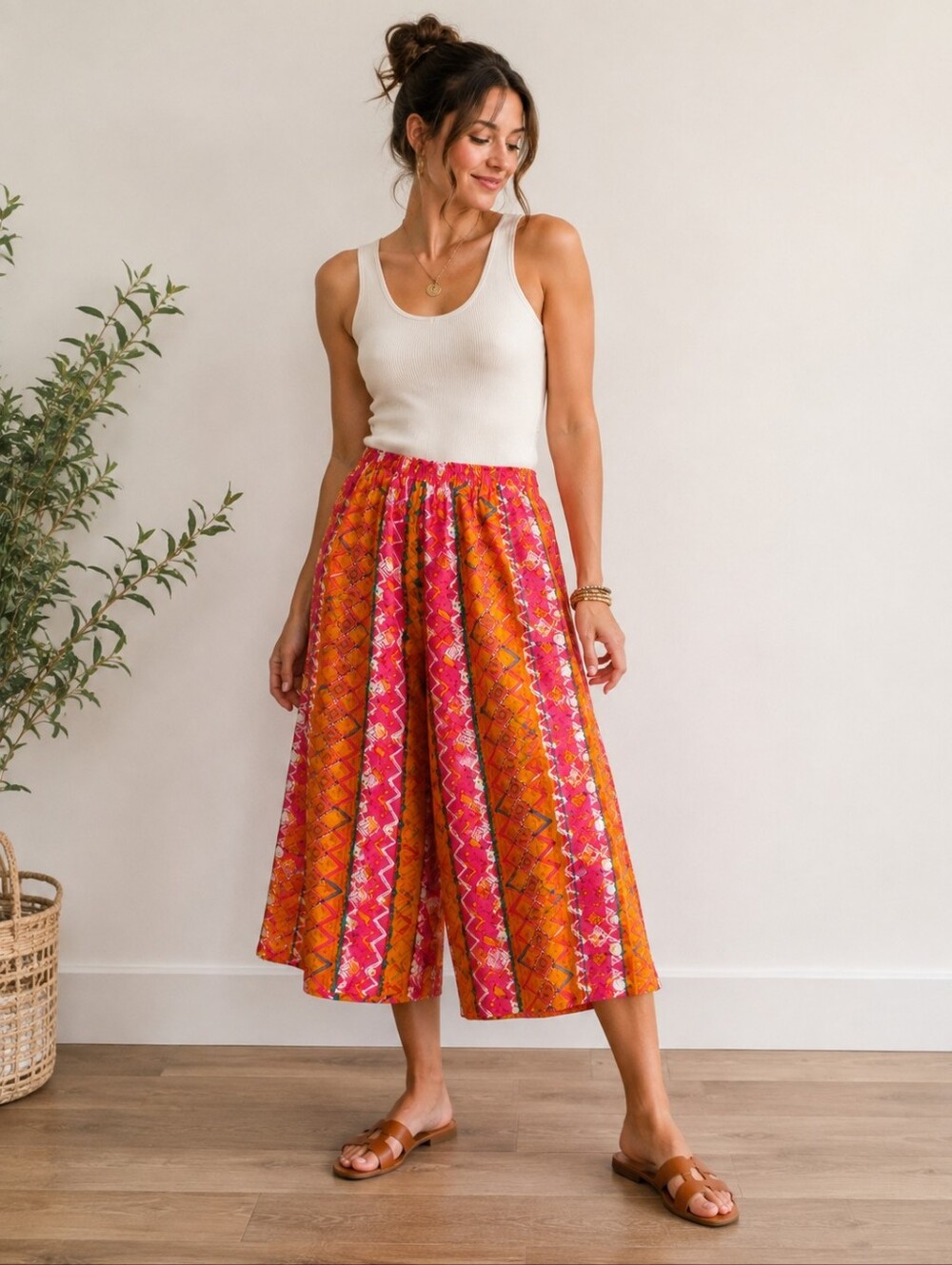 Vintage Gene Ewing BIS Silk Wide Leg Culottes L/XL Boho Maximalist Art 1980s